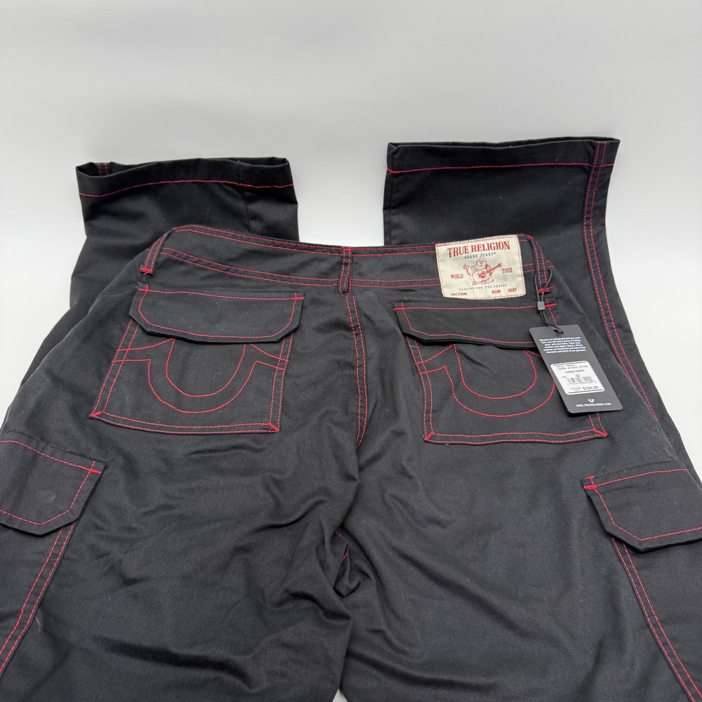 True Religion Mens Cargo Pants Jet Black Red Contrast Stitching Size 32 108335